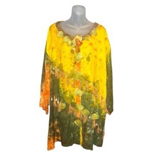 Magic Tie-Dye Boho Tunic Dress Women XL Floral Seashells Leaves Artsy Lagenlook